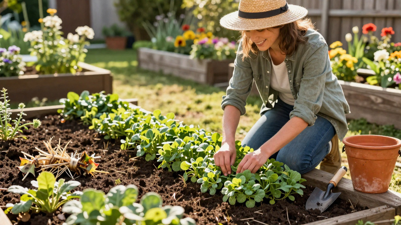 Femme en chapeau de paille jardine en souriant dans un potager avec des fleurs colorées en arrière-plan.