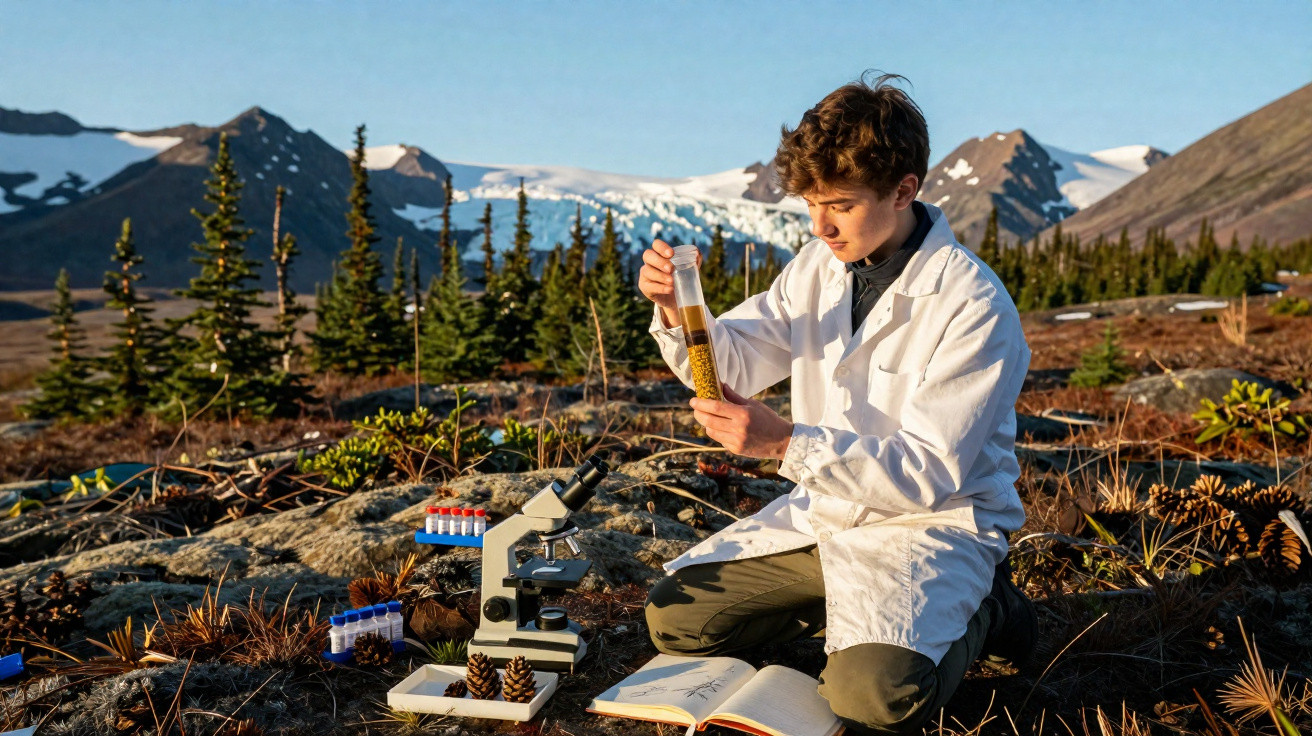 Jeune scientifique en blouse blanche analysant un échantillon dans un paysage de montagne avec microscope et notes.