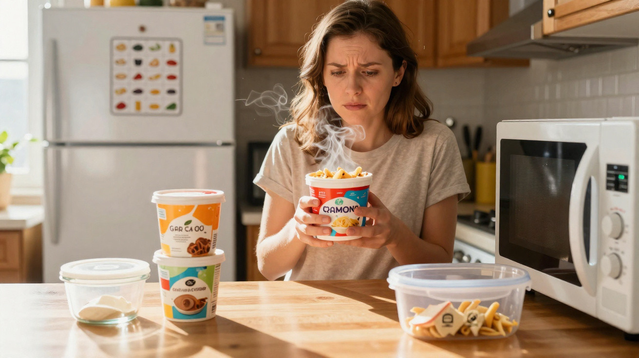 Femme regardant avec méfiance un pot de nourriture chaude fumante dans une cuisine moderne.
