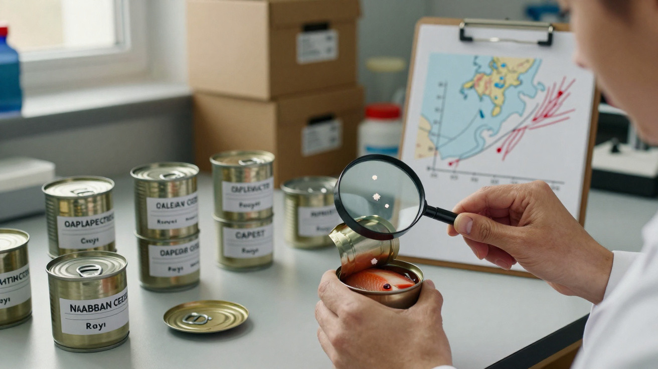 Personne inspectant un poisson en conserve avec une loupe dans un laboratoire scientifique.