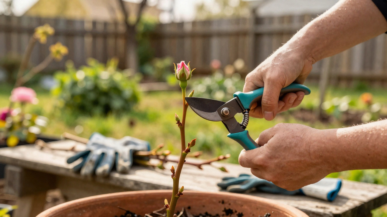 Une personne taille un rosier en pot avec un sécateur dans un jardin ensoleillé.