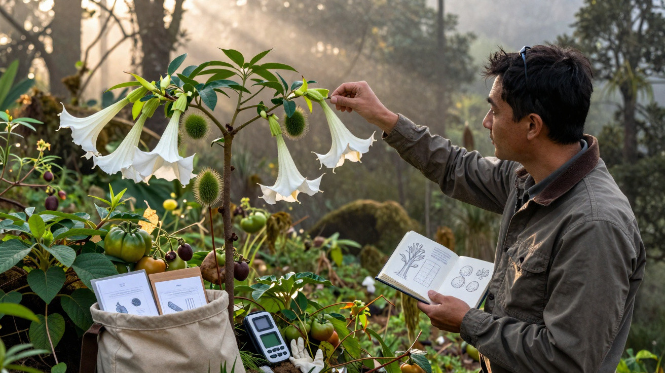 Homme étudiant une plante aux grandes fleurs blanches dans un jardin avec des notes et instruments de mesure.