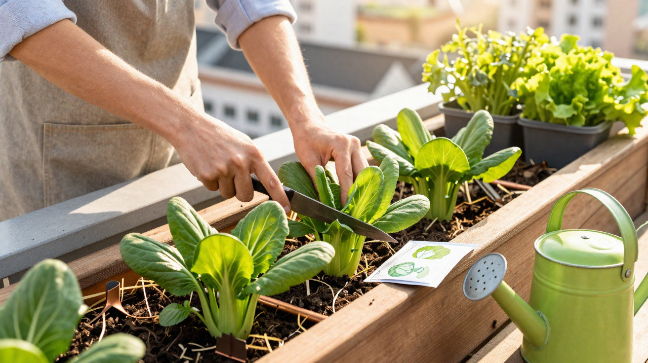 Personne coupant des feuilles de légumes verts dans un potager urbain sur un balcon ensoleillé.