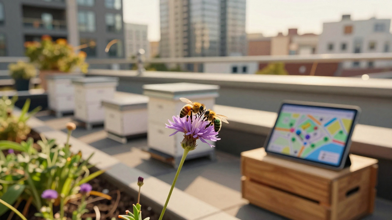 Deux abeilles butinent une fleur violette sur un toit urbain avec des ruches et une tablette affichant une carte.