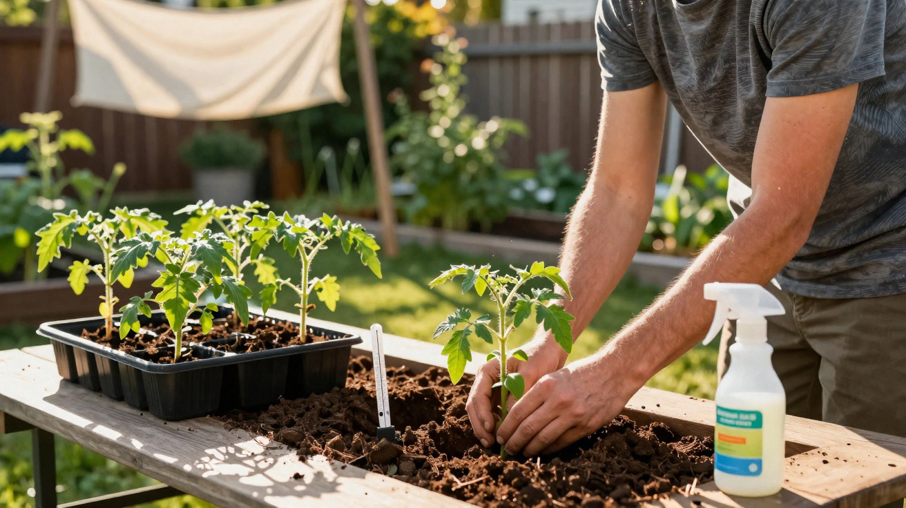 Une personne plante des jeunes plants de tomates dans un jardin ensoleillé sur une table en bois.
