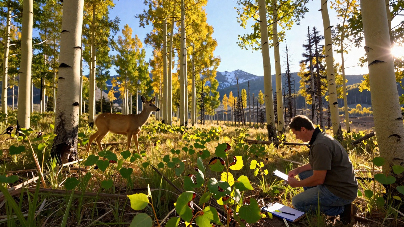 Homme observant un cerf dans une forêt d'arbres aux feuilles jaunes avec montagnes en arrière-plan au coucher du soleil.