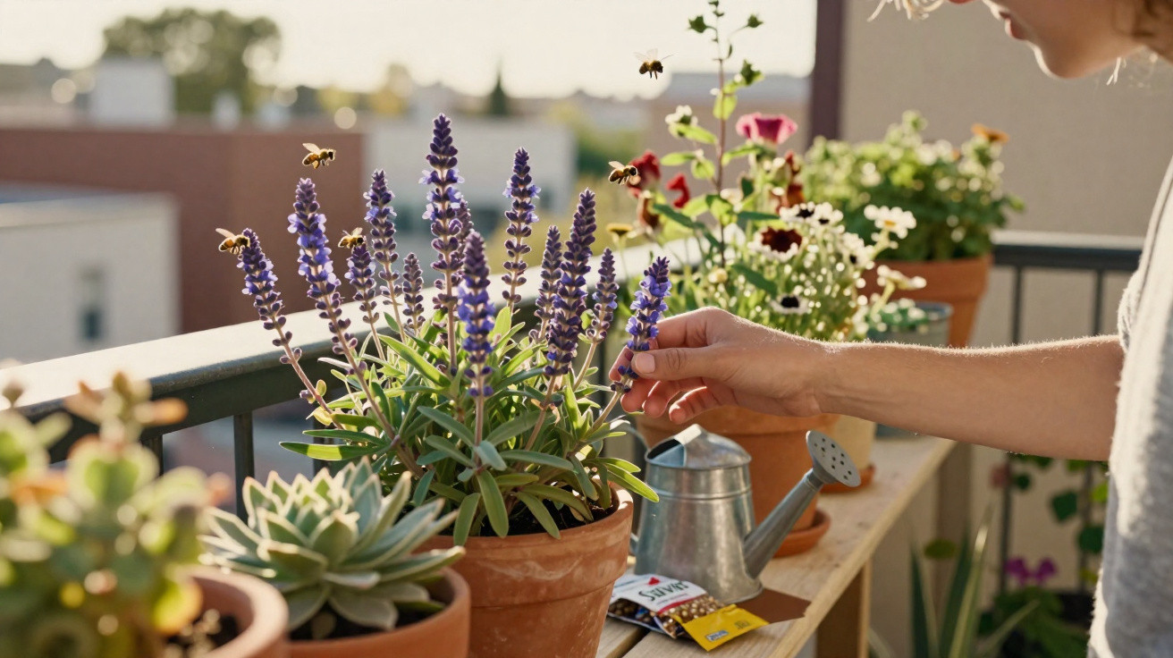 Main touchant des fleurs violettes en pot sur un balcon avec des abeilles volant autour au coucher du soleil.