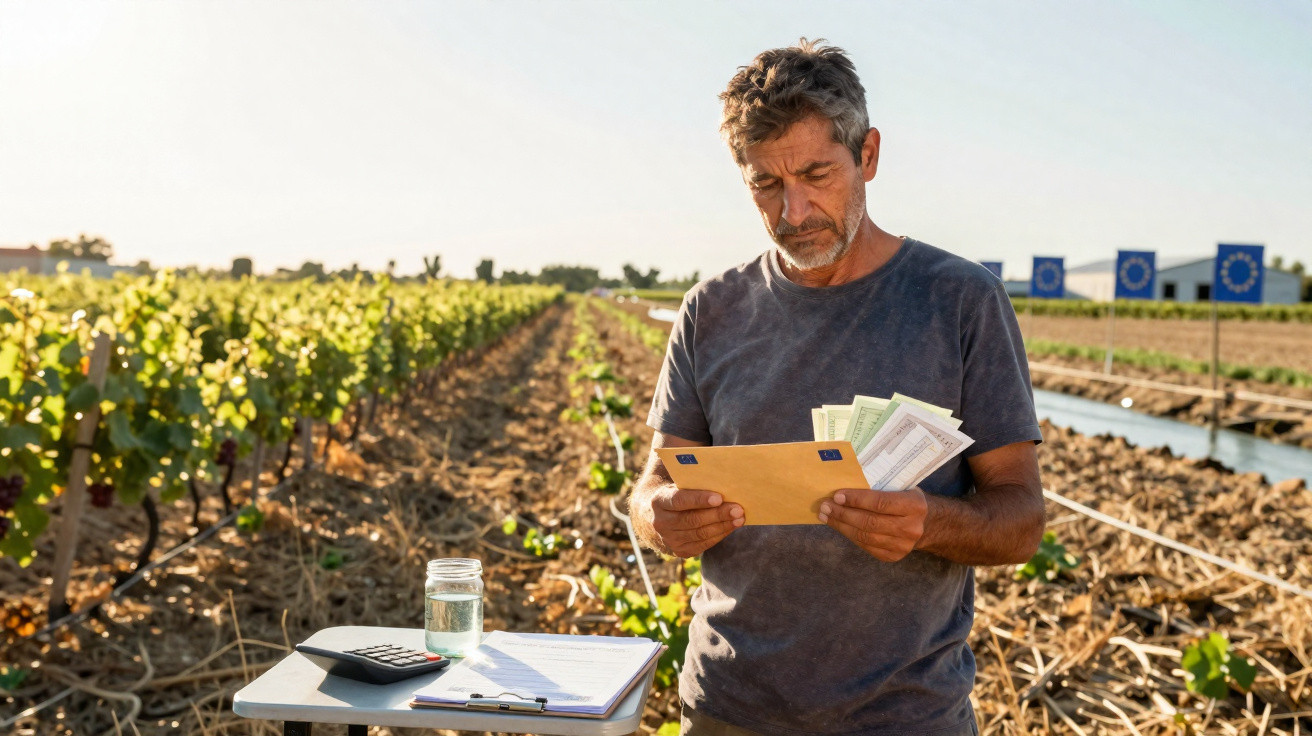Homme dans un champ agricole regarde des papiers, table avec documents, calculatrice et verre d'eau au soleil.
