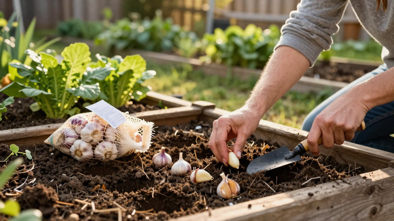 Personne plantant des gousses d'ail dans un potager en carré, avec des légumes verts en arrière-plan.