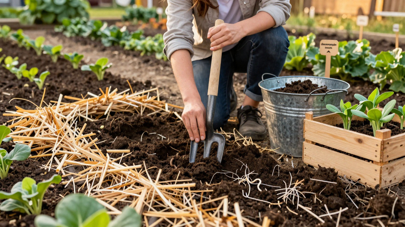 Personne jardinant avec une main tenant un outil dans un potager entouré de jeunes plants et paille.
