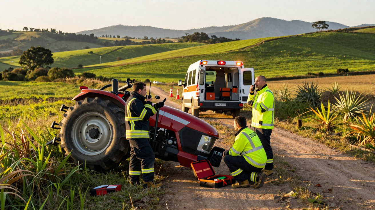 Intervention de secours sur un tracteur renversé dans un champ avec une ambulance en arrière-plan.