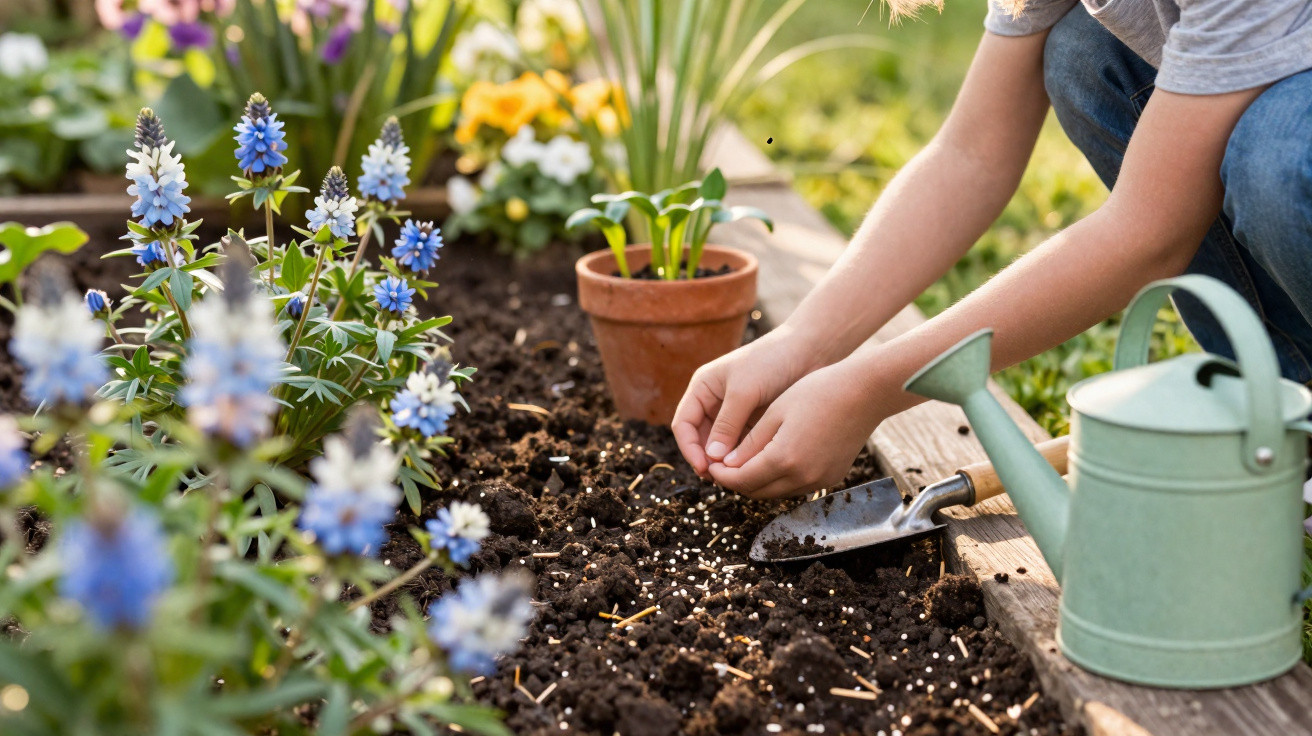 Personne plantant des graines dans un jardin avec des fleurs bleues, un arrosoir et un pot en terre cuite.