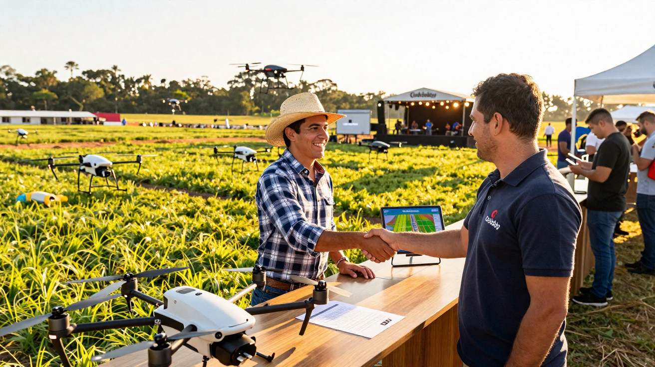 Deux hommes se serrant la main devant des drones agricoles dans un champ ensoleillé.
