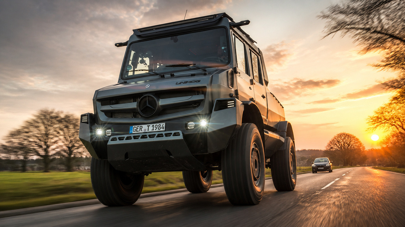 Camion Mercedes Unimog tout-terrain noir roulant sur une route au coucher du soleil.
