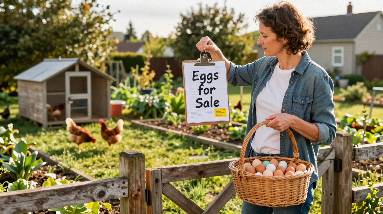 Femme tenant un panier d’œufs et une pancarte « Eggs for Sale » devant un poulailler dans un jardin.