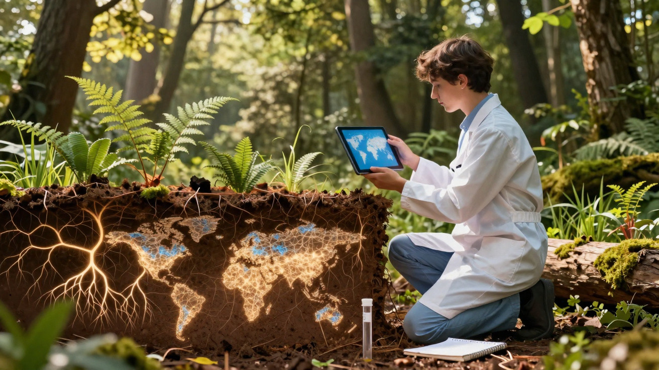 Jeune scientifique en blouse blanche analysant une carte du monde lumineuse dans un sol forestier.