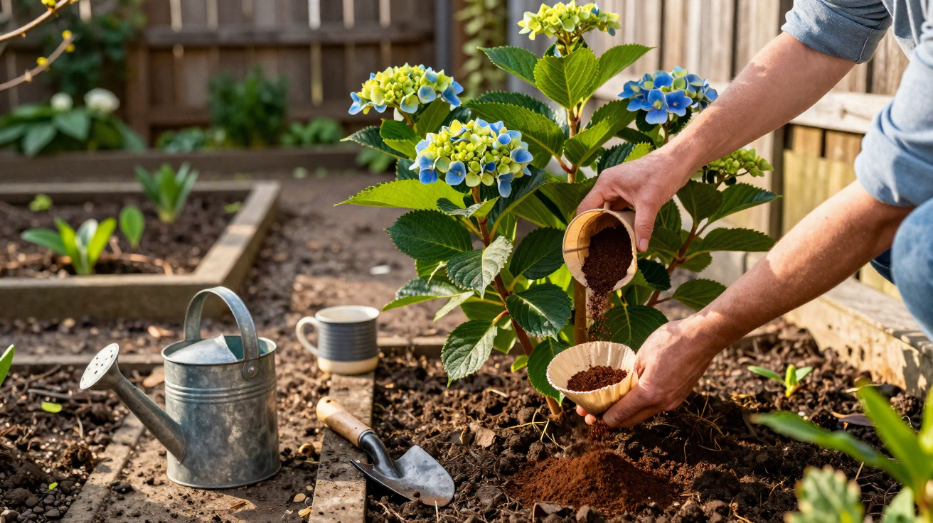 Personne versant du marc de café au pied d’une plante fleurie dans un jardin potager ensoleillé.