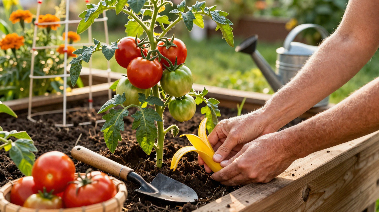 Personne jardinant une tomate avec un outil, une peau de banane et un panier de tomates rouges à côté.