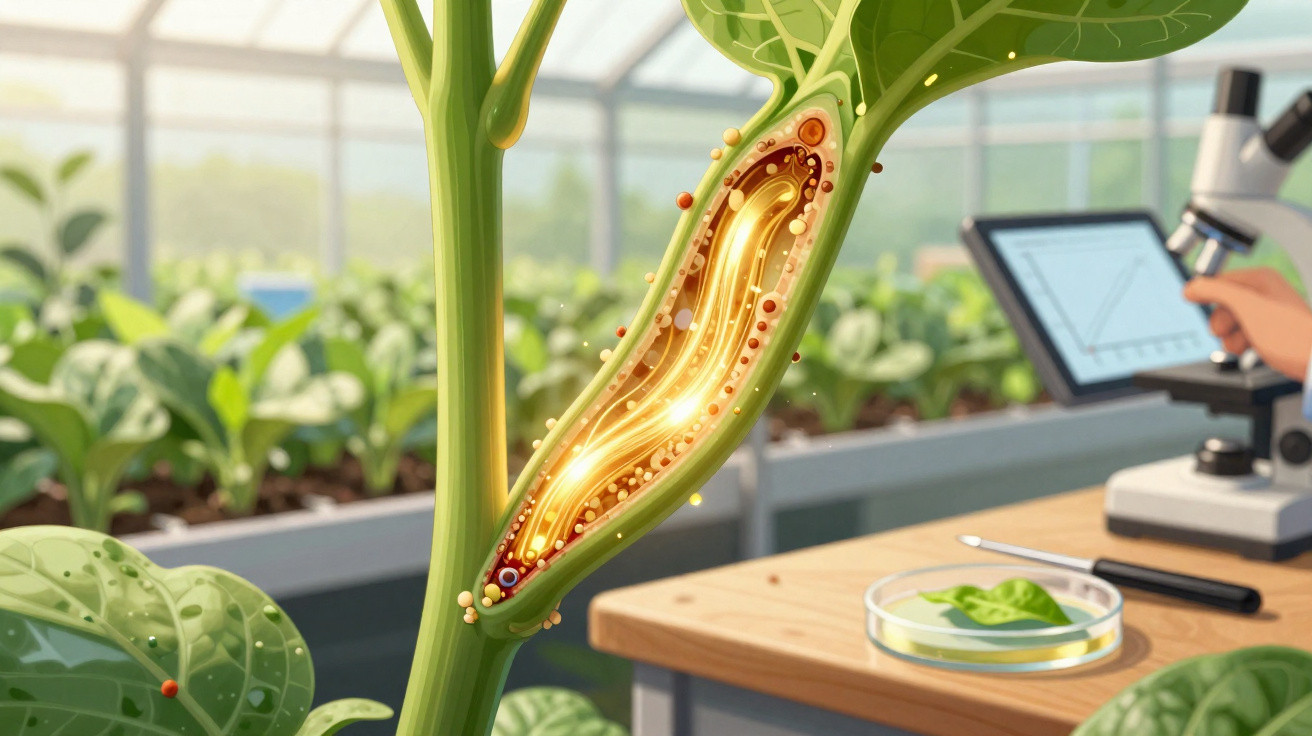 Coupe transversale d’une tige de plante montrant le flux de nutriments dans une serre avec microscope en arrière-plan.