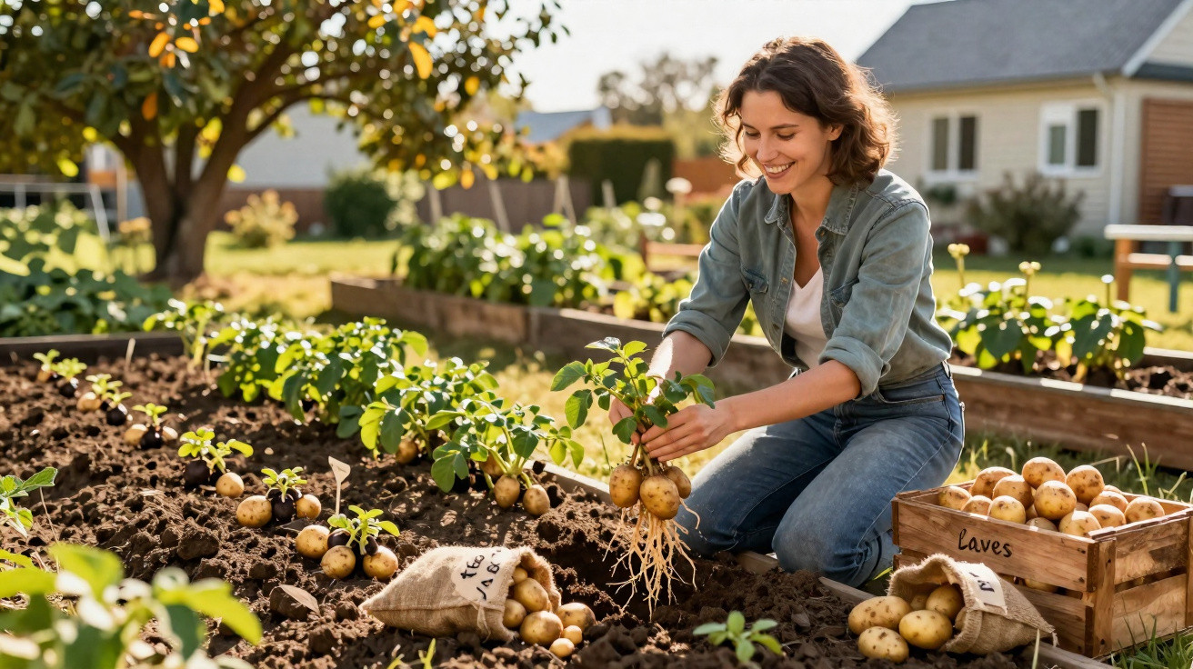 Femme souriante récoltant des pommes de terre dans un jardin potager en plein air sous un arbre.