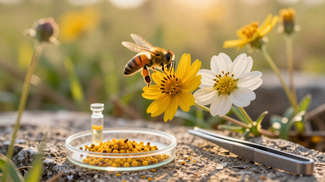 Abeille butinant une fleur jaune près de pollen dans une coupelle et d'une pince sur un sol naturel.