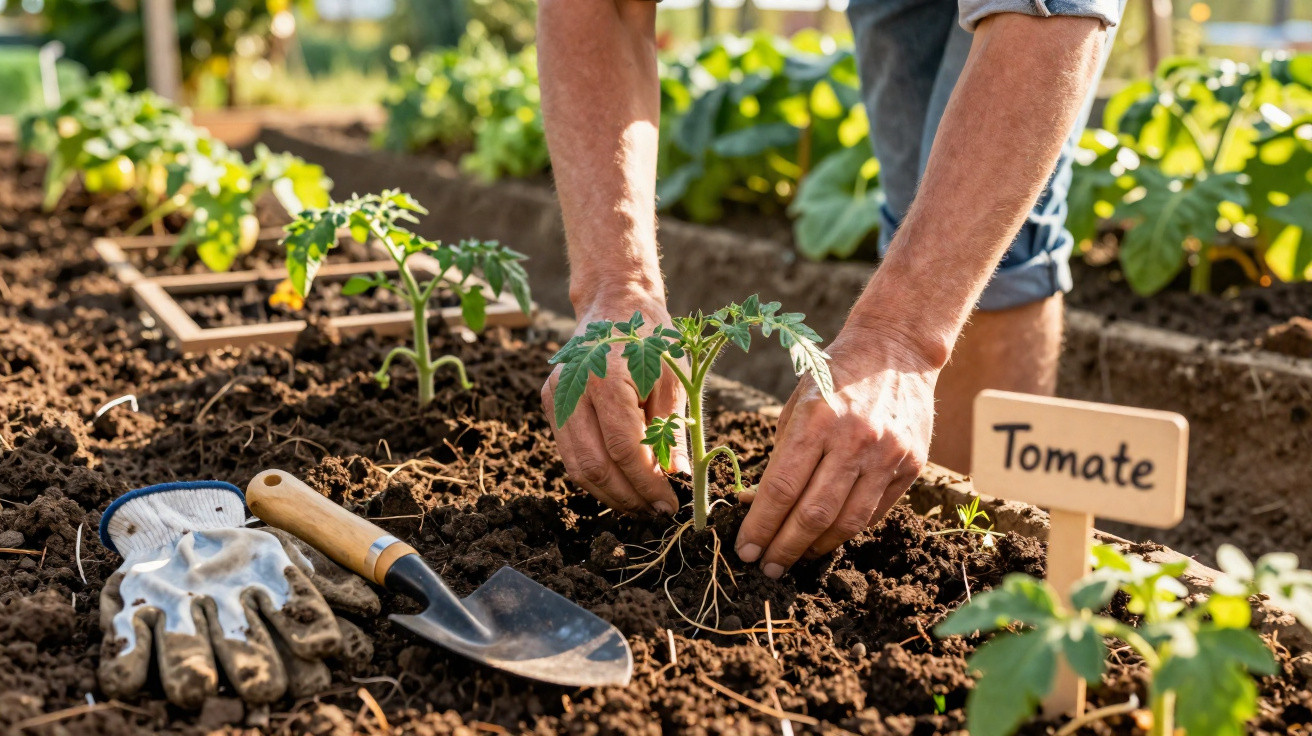 Personne plantant des jeunes plants de tomates dans un jardin ensoleillé avec outils et panneau "Tomate".