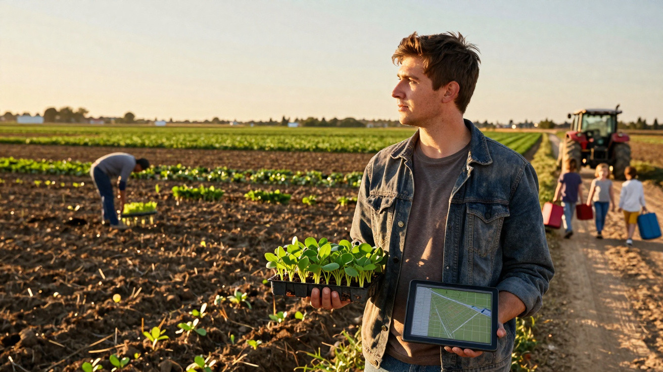 Homme tenant des plants et une tablette sur un champ cultivé au coucher du soleil avec un groupe d’enfants et un tracteur.