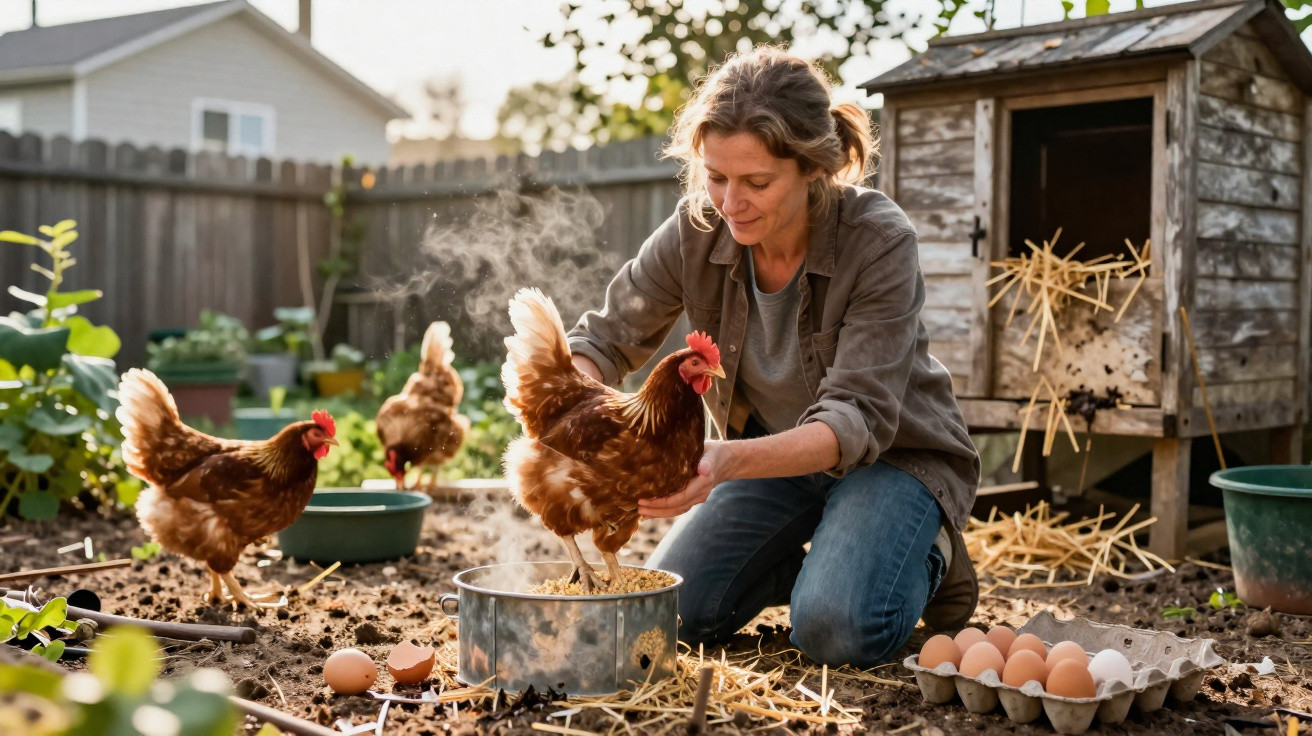 Femme nourrit des poules dans un jardin avec poulailler et œufs frais au sol.