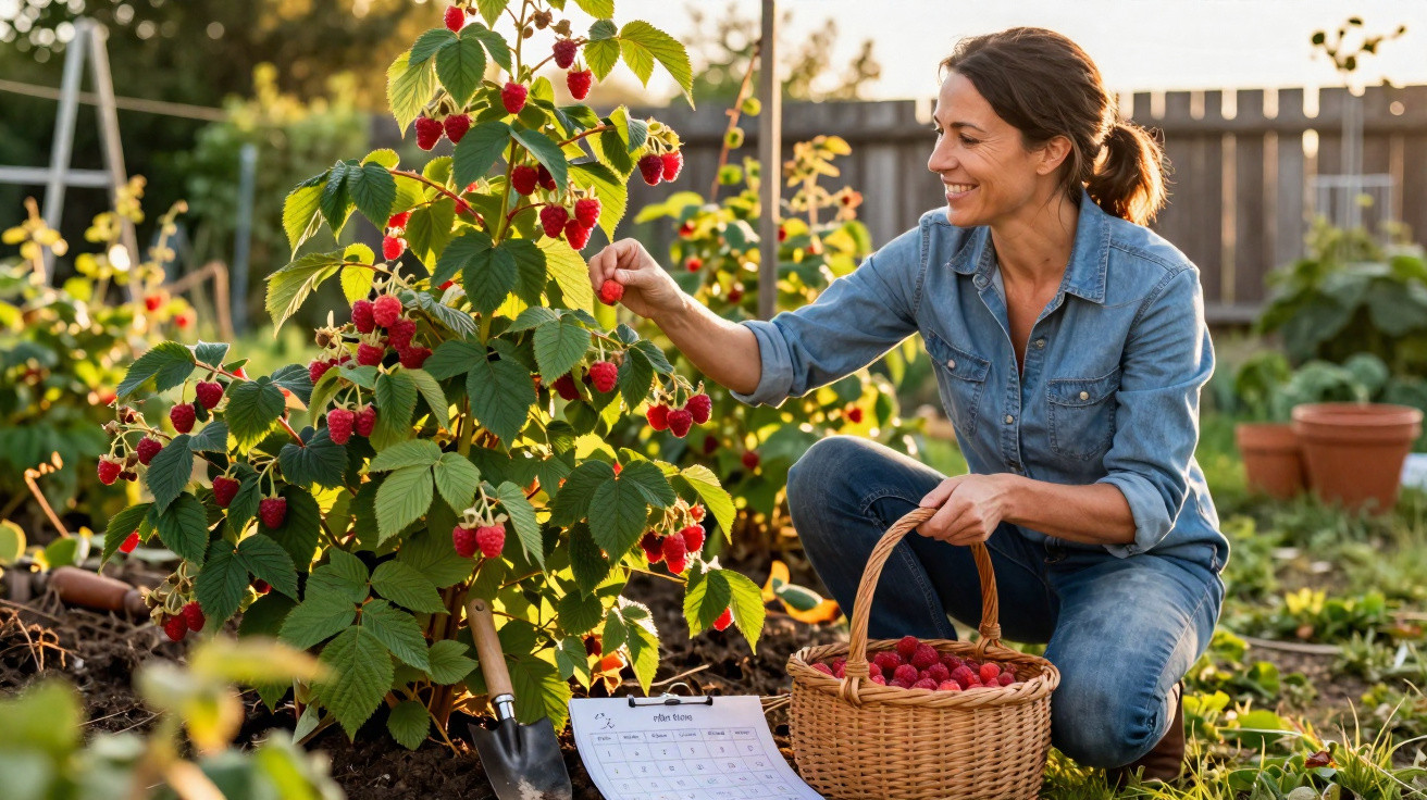Femme cueillant des framboises dans un panier au jardin lors d'une journée ensoleillée.
