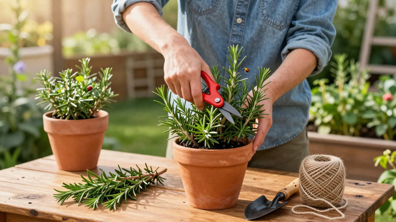 Personne taillant un plant de romarin en pot avec des ciseaux rouges sur une table en bois en extérieur.