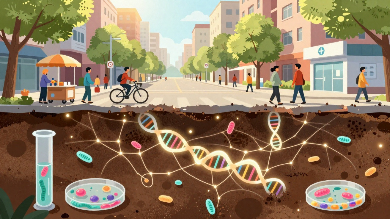 Vue urbaine animée avec des représentations de molécules d'ADN et microbiomes sous la terre.