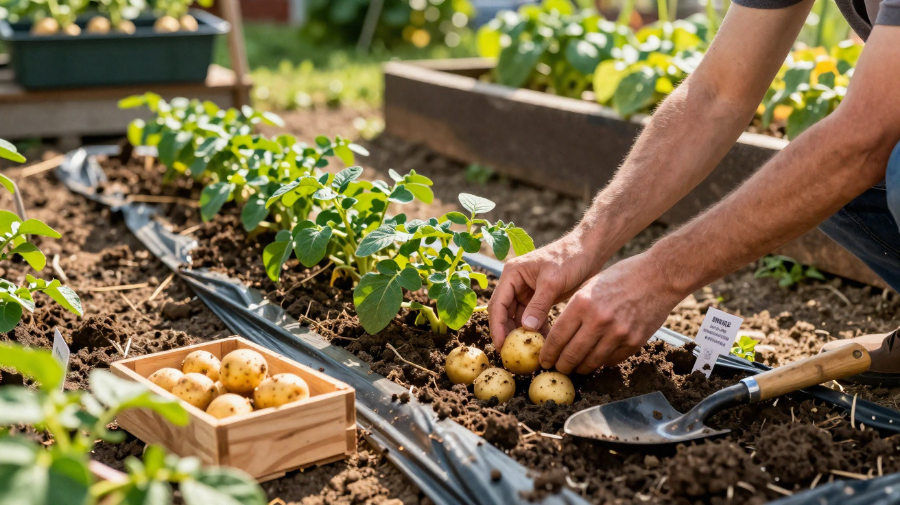 Mains récoltant des pommes de terre nouvelles dans un potager ensoleillé avec caisse en bois à côté.