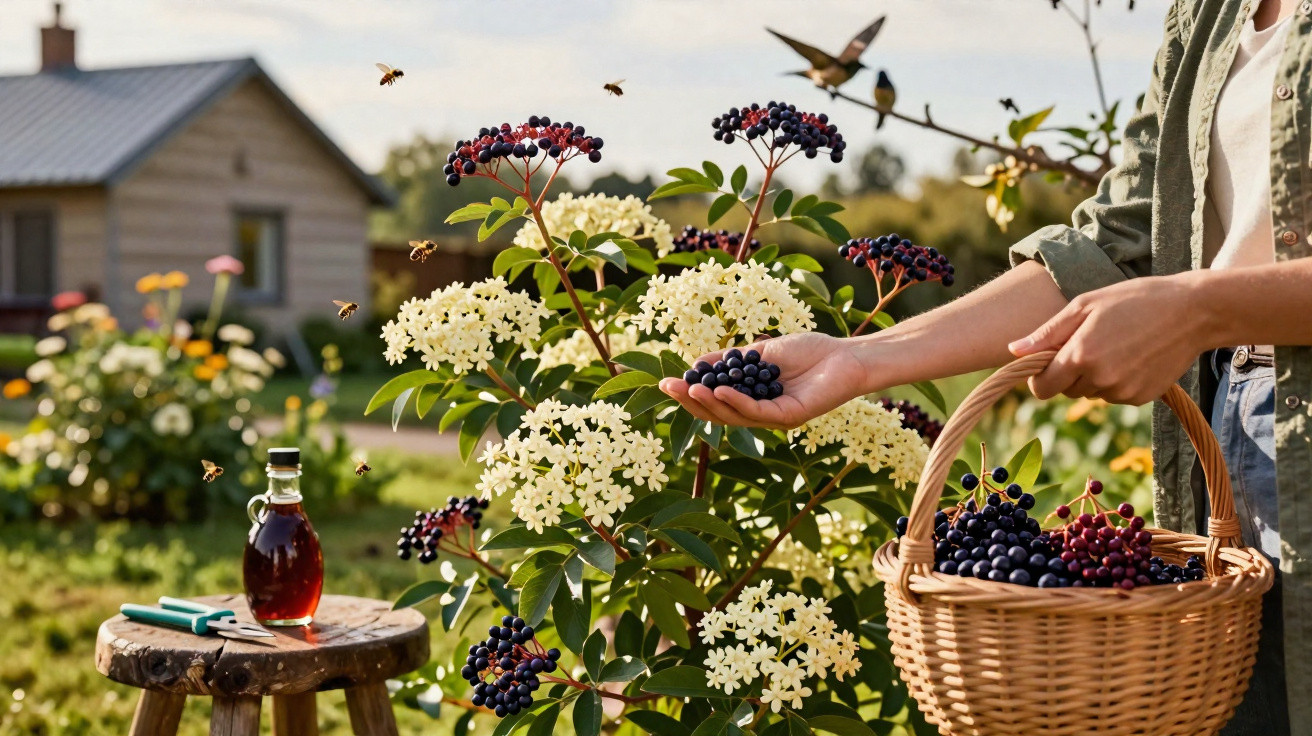 Personne cueillant des baies noires sur arbuste à fleurs blanches dans un jardin ensoleillé avec ruche et pot de sirop.