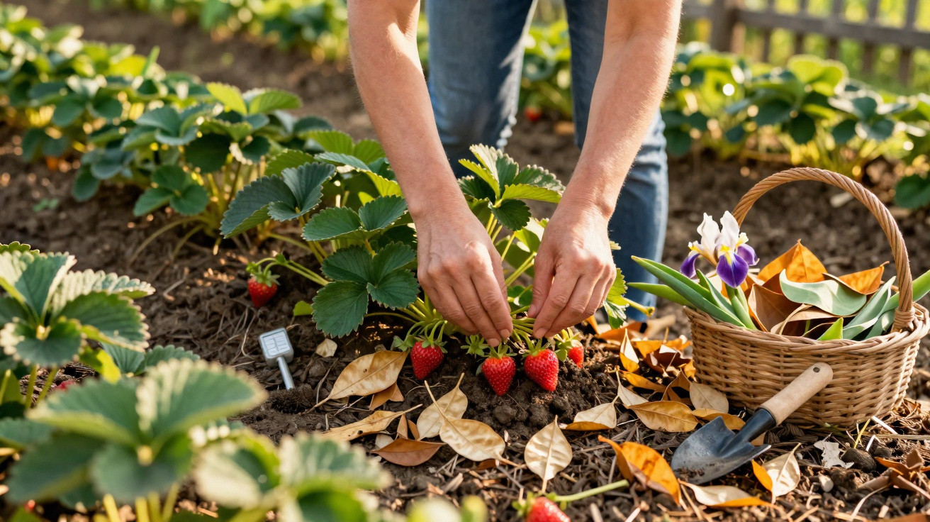 Mains d'une personne récoltant des fraises rouges dans un jardin avec un panier de feuilles et une pelle.