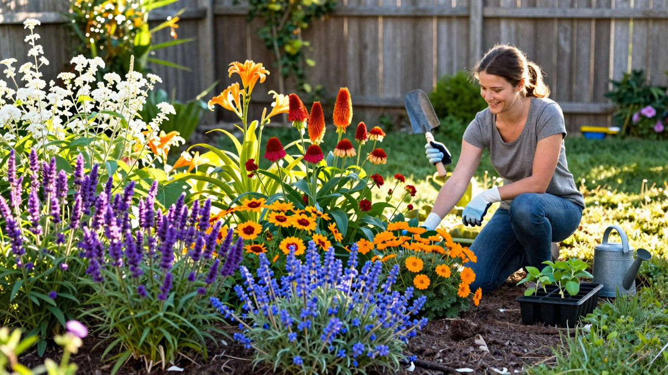 Femme jardinière souriante plantant des fleurs colorées dans un jardin ensoleillé, outils et arrosoir à proximité.