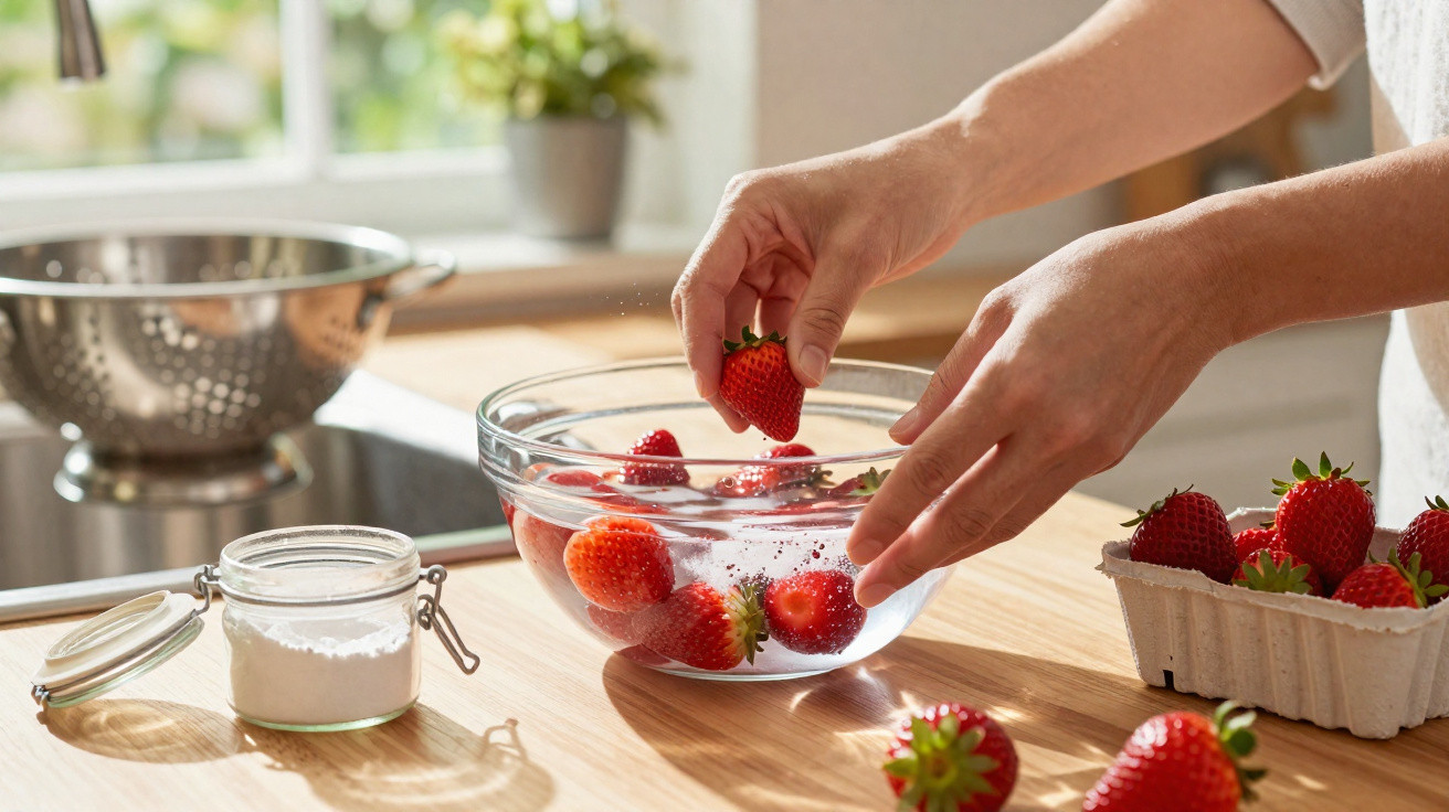Mains plongeant des fraises dans un bol d'eau sur un plan de travail en bois lumineux.