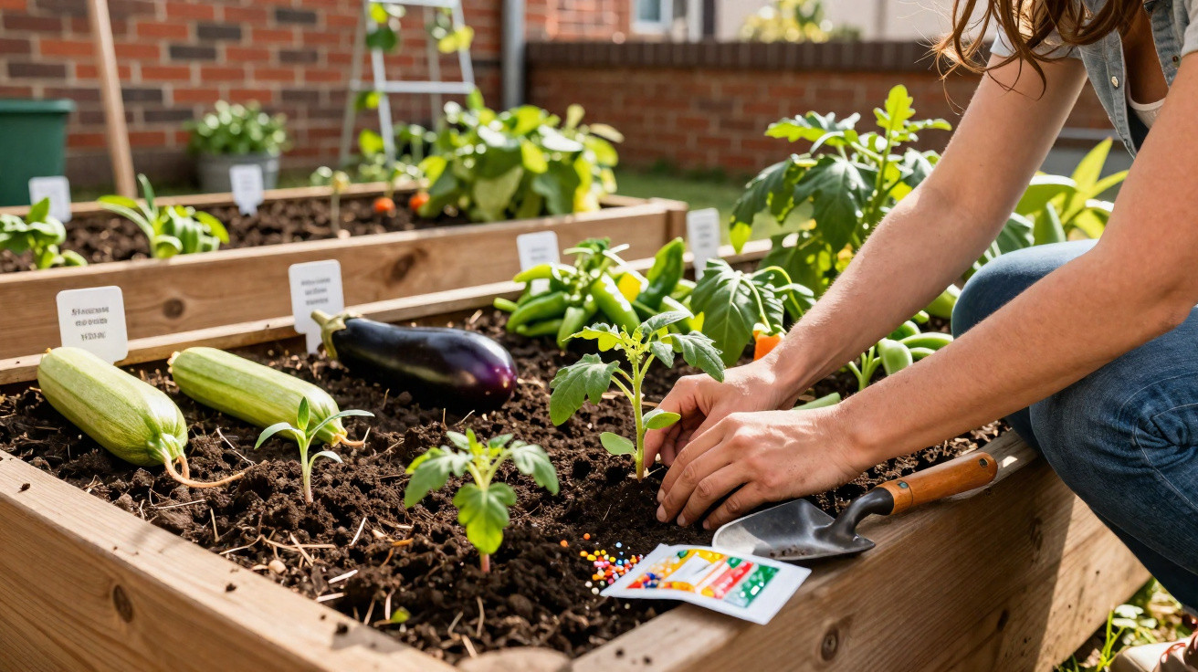 Personne plantant un jeune plant dans un potager surélevé avec légumes mûrs autour.