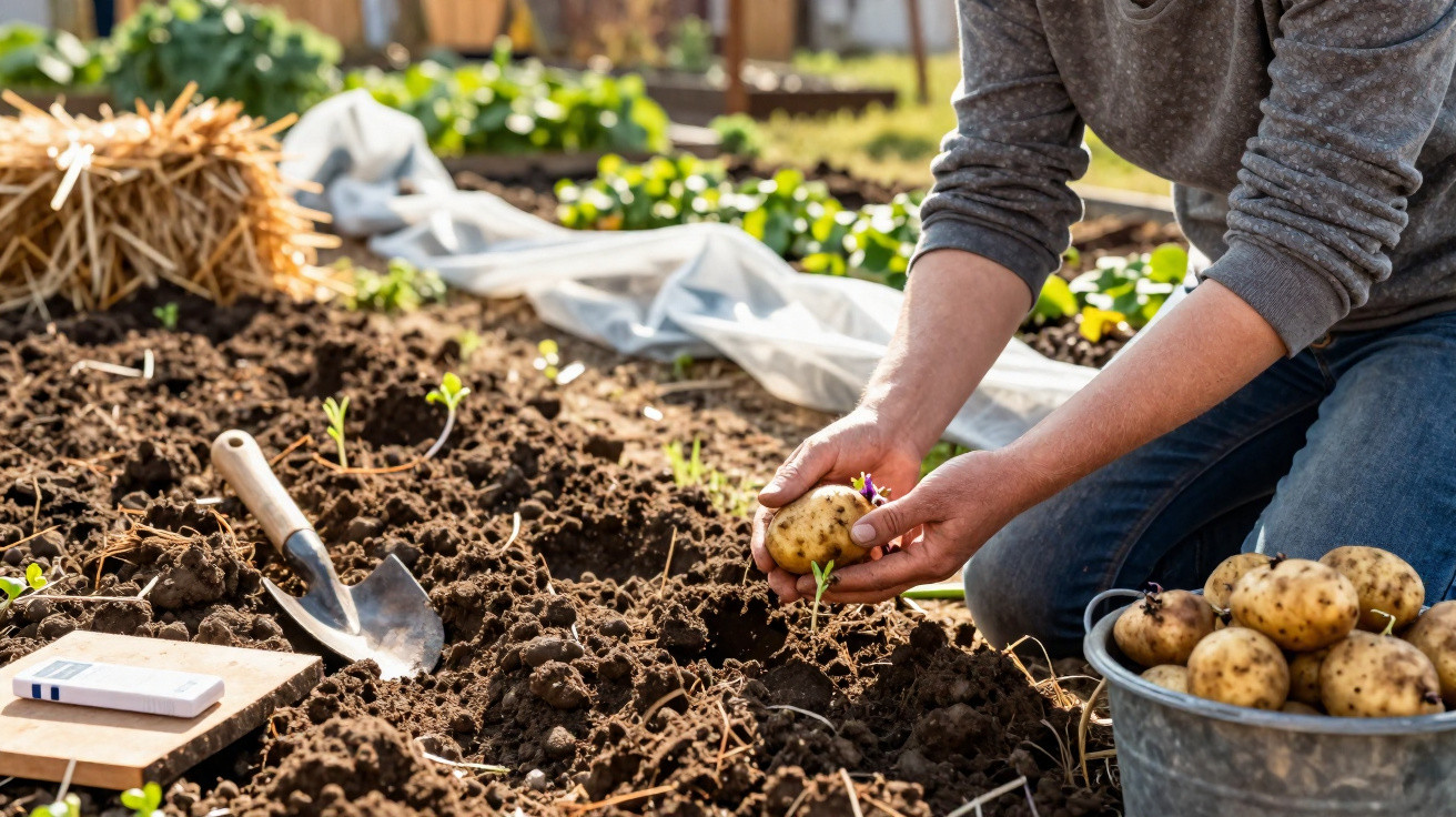 Personne récoltant des pommes de terre dans un jardin potager ensoleillé, avec seau et pelle.