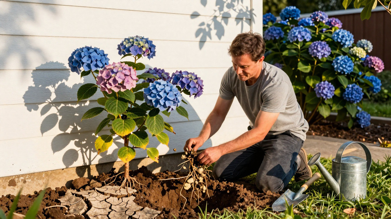 Homme récoltant des pommes de terre dans un jardin près d'hortensias colorés sous le soleil.