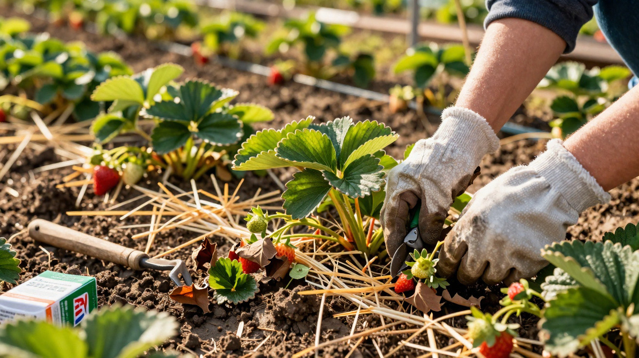 Personne avec des gants cueillant des fraises dans un jardin avec outils et paillis de paille.