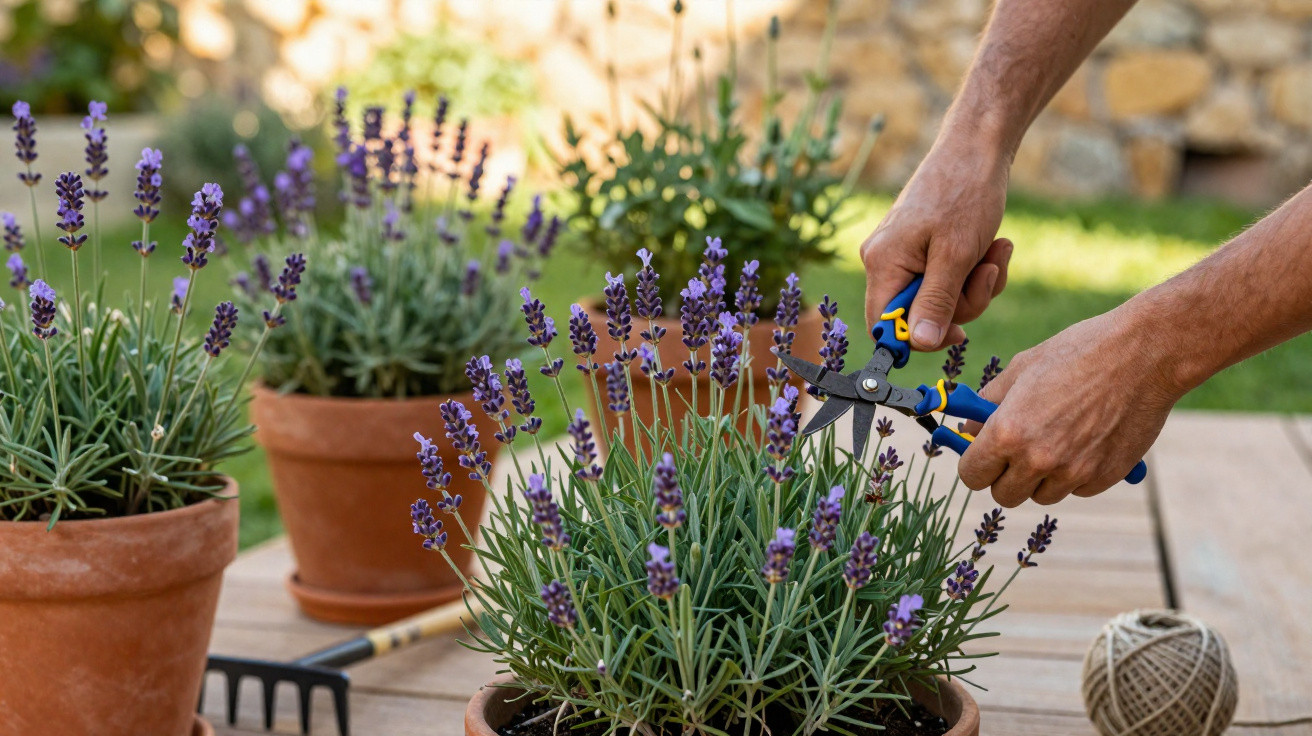 Une personne taille des plants de lavande en pot avec un sécateur sur une table en bois en plein air.