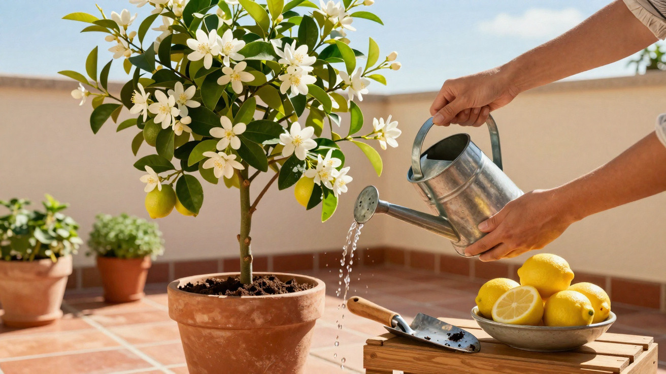 Une personne arrose un citronnier en pot en fleur sur une terrasse ensoleillée.