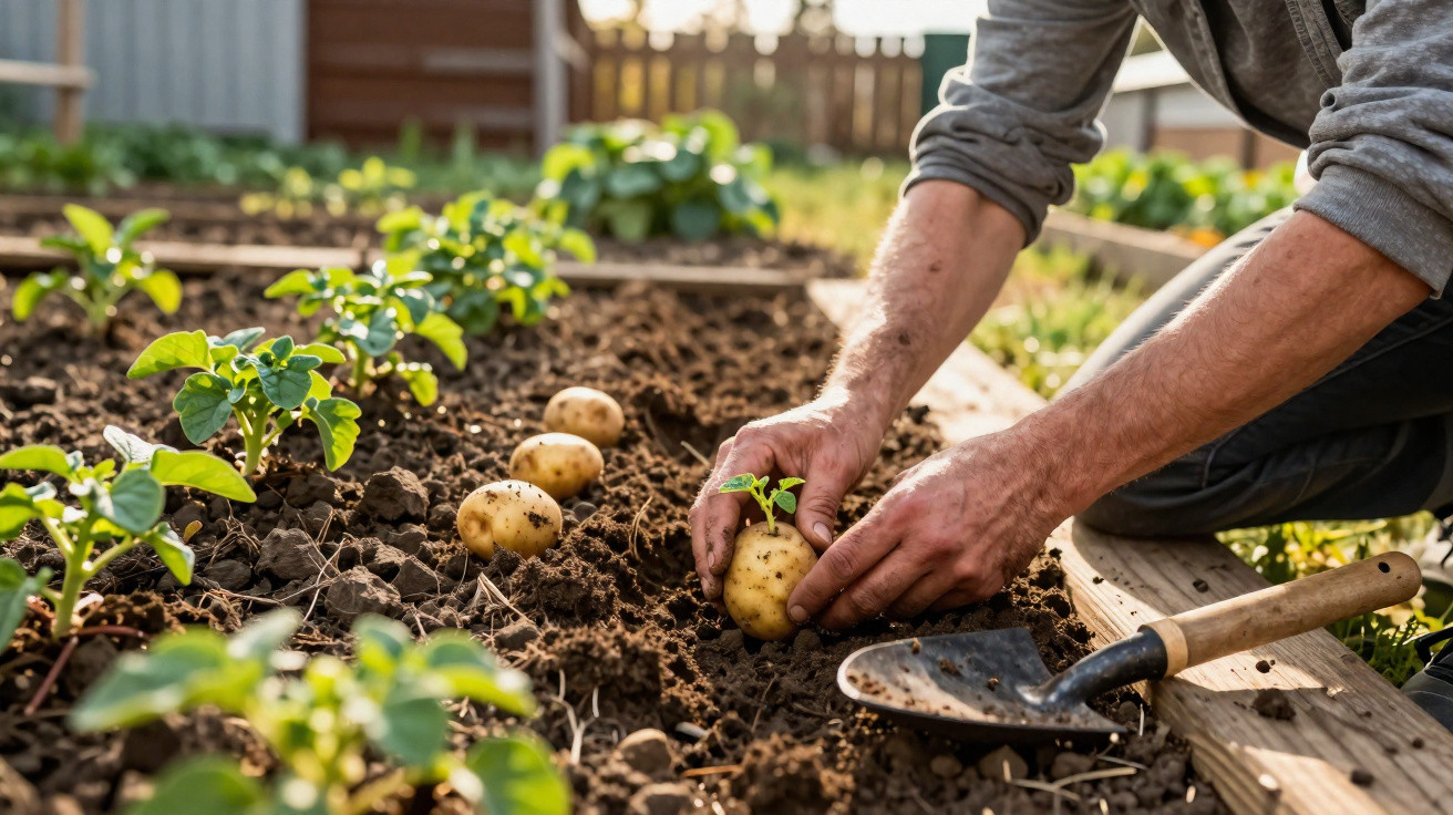 Personne récoltant des pommes de terre dans un potager, terre fraîche et plante verte visibles.