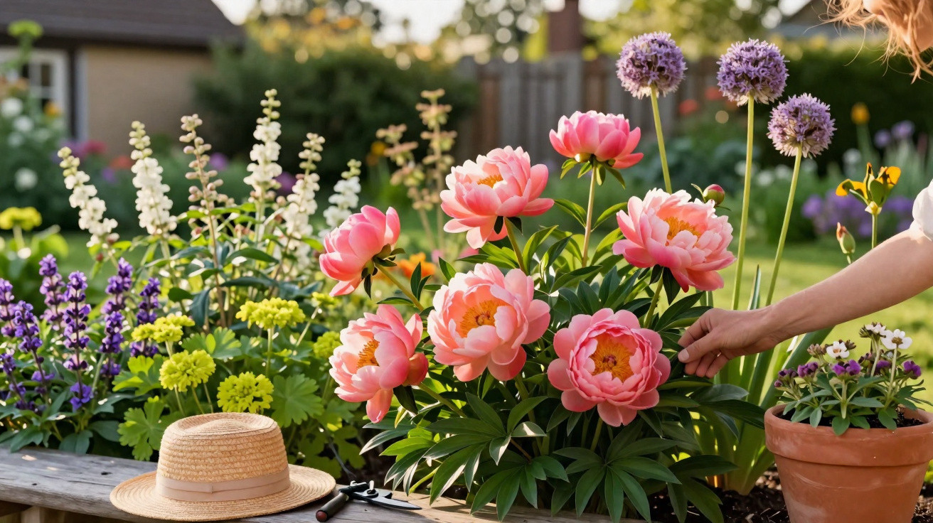 Main féminine touchant une pivoine rose dans un jardin fleuri avec chapeau de paille sur une table en bois.