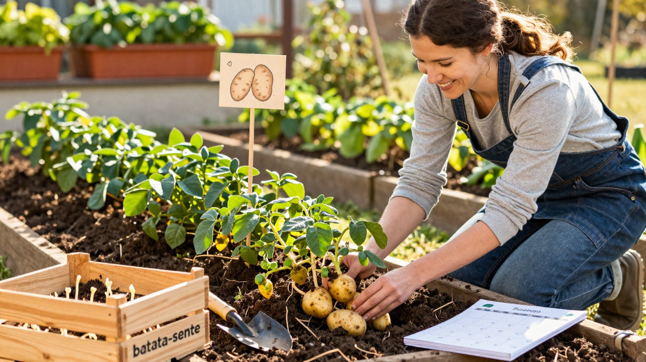 Femme souriante récoltant des pommes de terre dans un jardin potager en carré avec outils et calendrier.