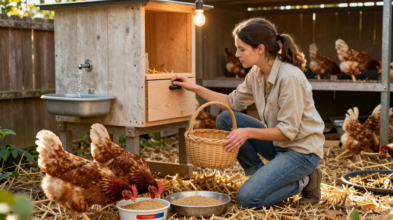 Jeune femme recueillant des œufs dans un poulailler avec des poules et des bols de graines.