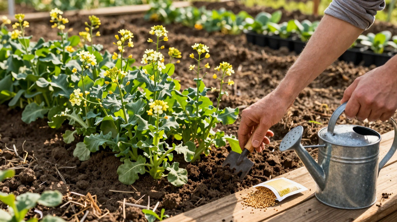 Main d’un jardinier plantant des graines dans un sol cultivé près de plants verts à fleurs jaunes.