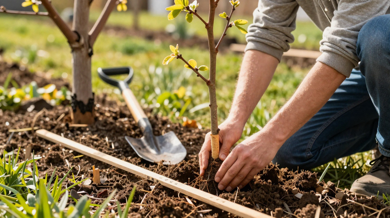 Personne plantant un jeune arbre dans un jardin avec une pelle et une règle en bois à côté.