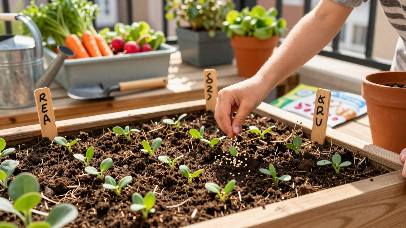 Main semant des graines fertilisantes dans un potager en bois avec jeunes pousses et légumes en arrière-plan.