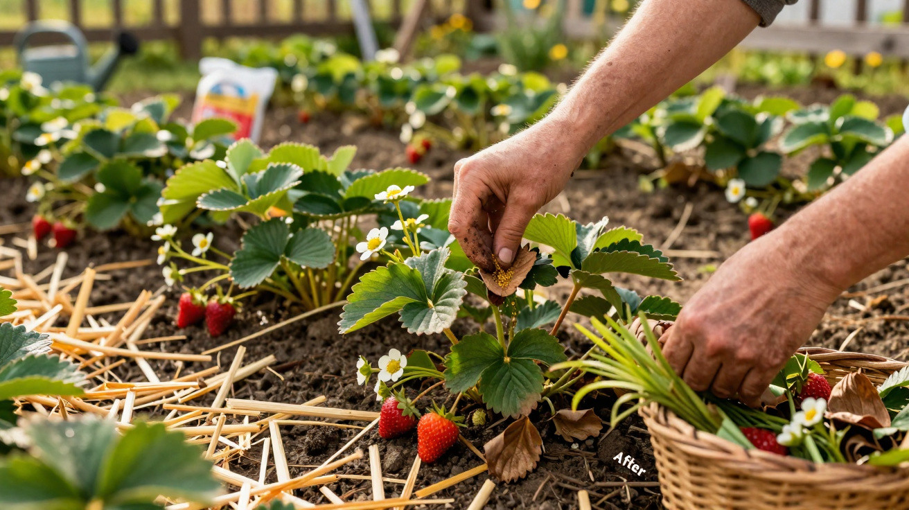 Mains récoltant des fraises mûres dans un potager avec plants en fleurs et panier en osier.
